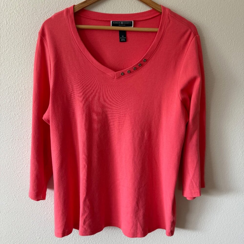 Karen Scott Woman 3/4 Sleeve Coral Top Size 1X